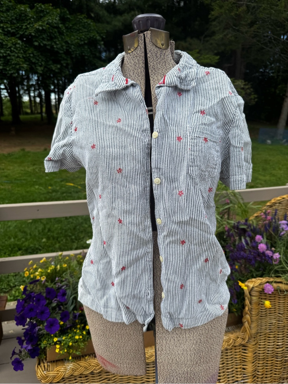100% cotton vintage Striped Short Sleeve Button-Up Shirt with Red Embroidery